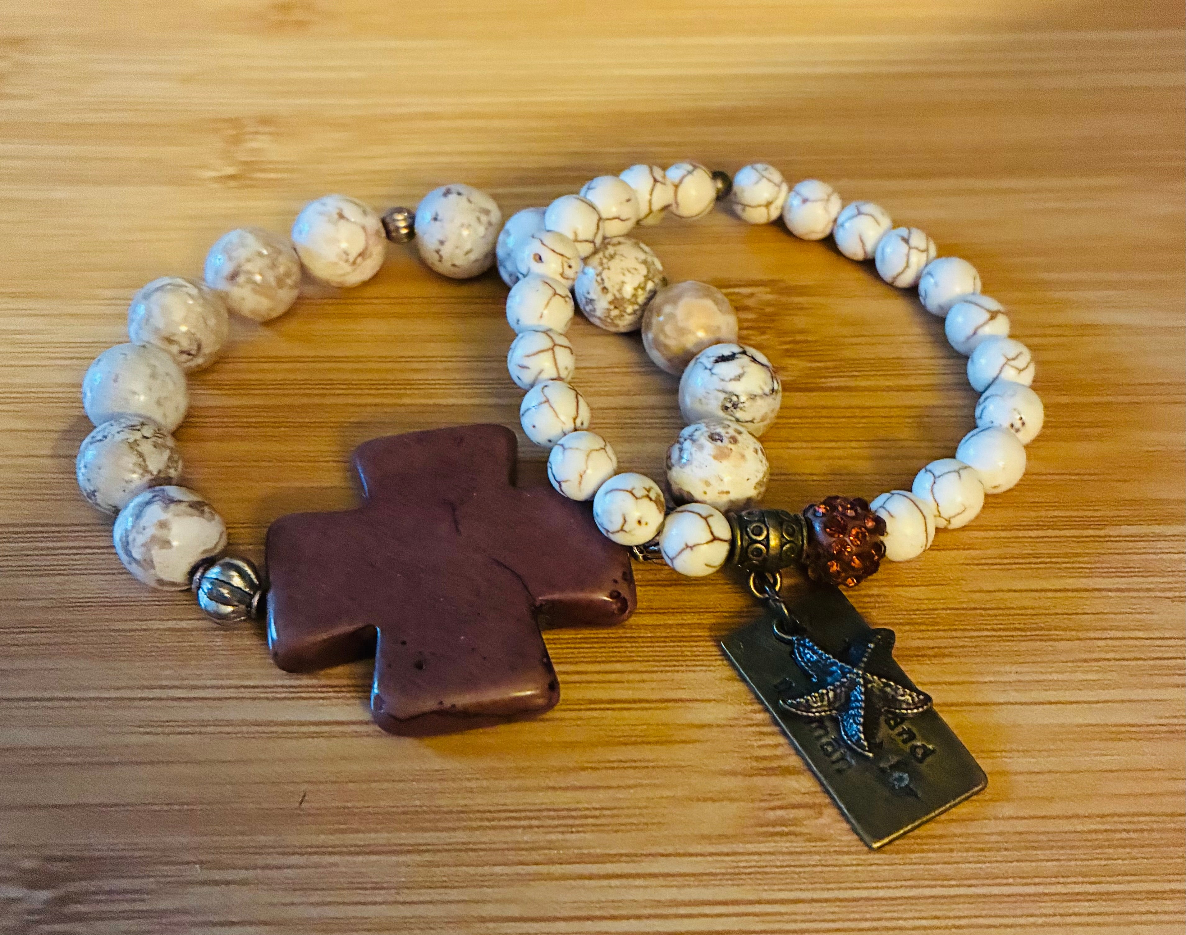 Cream & Brown Beaded Bracelet , set of 2