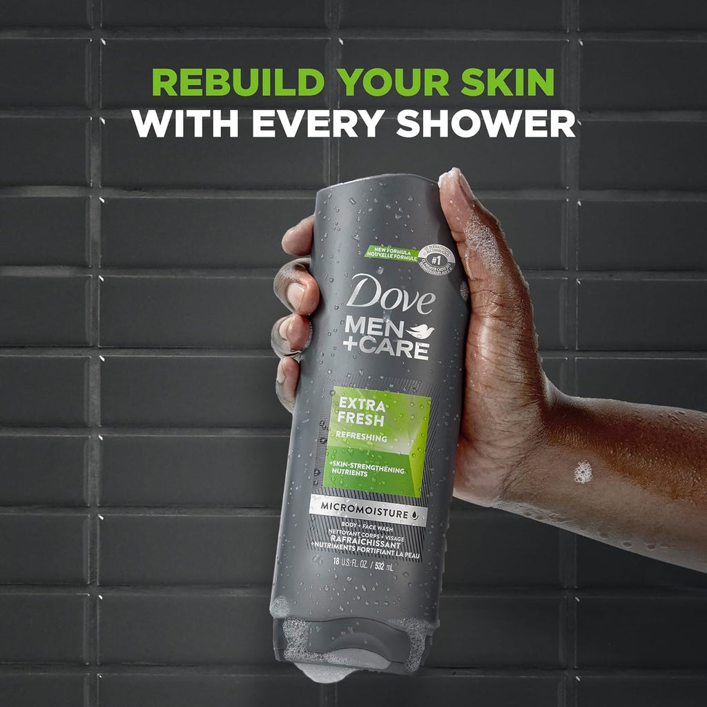 Dove Men+Care Body Wash Extra Fresh 4 Count for Men'S Skin Care Body Wash Effectively Washes Away Bacteria While Nourishing Your Skin 18 Oz