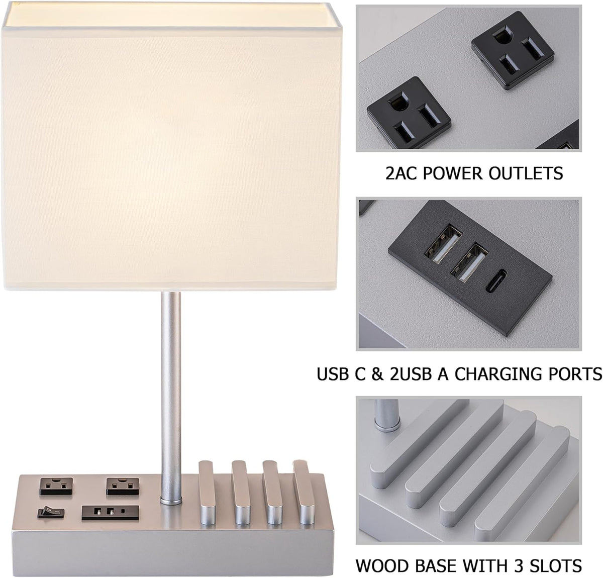 Bedside Table Lamp with 3 USB Charging Ports, 2 AC Outlets and 3 Phone Stands, Modern USB Desk Lamp with Silver Wooden Base
