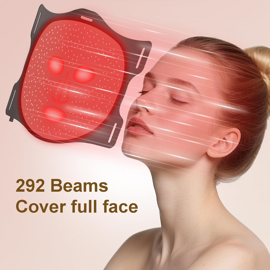 VYM Red Light Therapy for Face: High-Energy Super Lightweight 292 Leds Cordless Professional Light Therapy Mask Infrared LED Face Mask at Home Travel 2Mm Thickness - Black