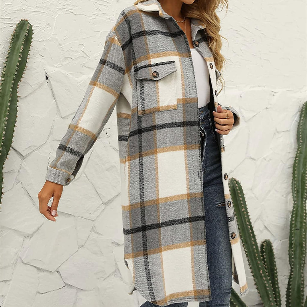 Women'S Casual Wool Blend Long Plaid Shirt Jacket Button down Pocketed Shirt Shacket