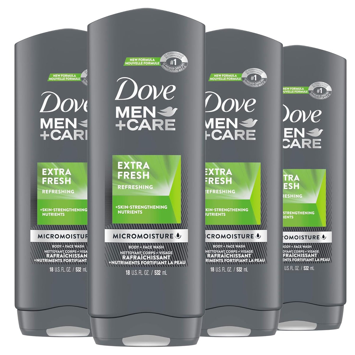 Dove Men+Care Body Wash Extra Fresh 4 Count for Men'S Skin Care Body Wash Effectively Washes Away Bacteria While Nourishing Your Skin 18 Oz