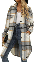 Women'S Casual Wool Blend Long Plaid Shirt Jacket Button down Pocketed Shirt Shacket