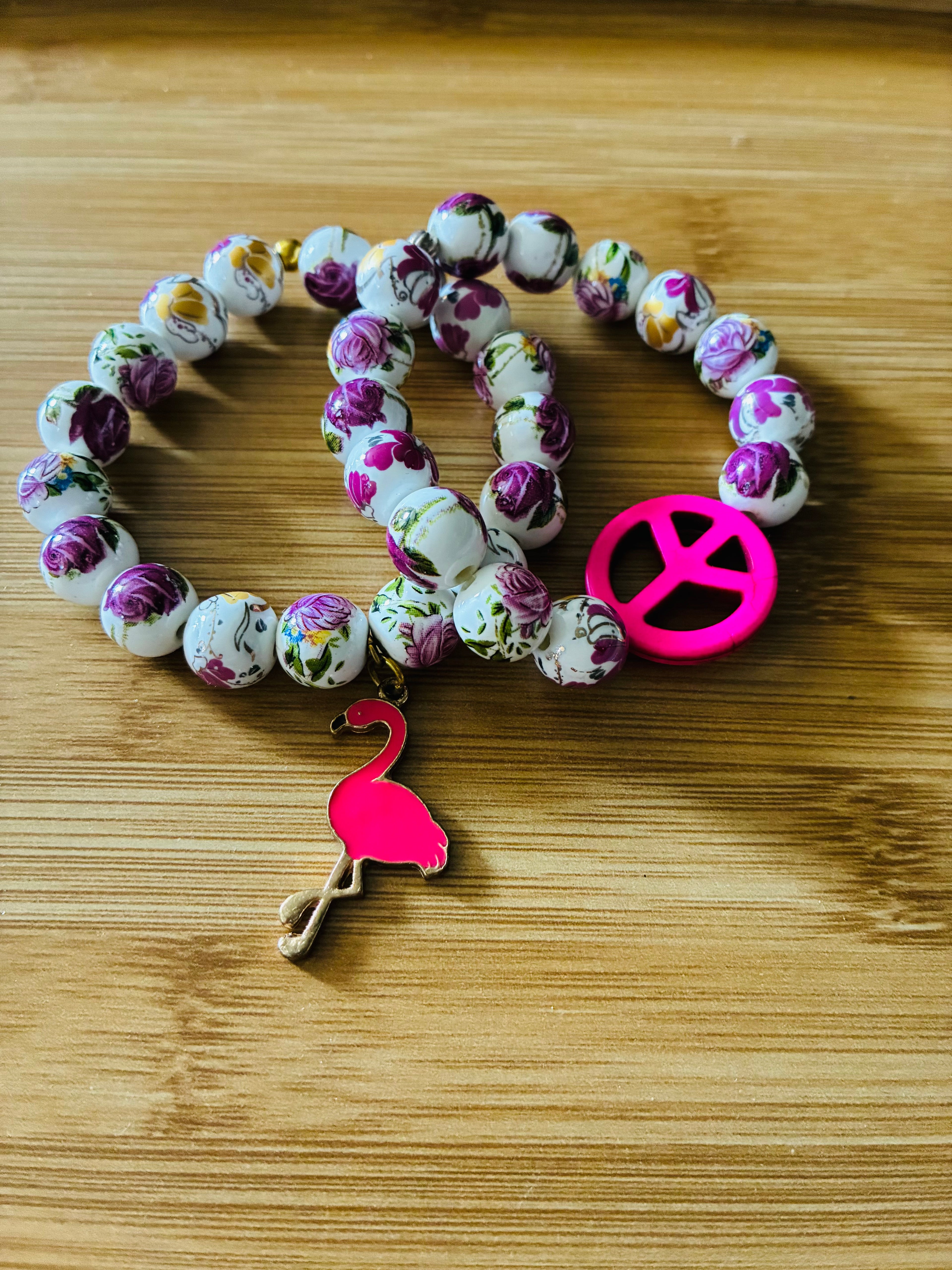 Pink Peace and Flamingo Beaded Bracelet