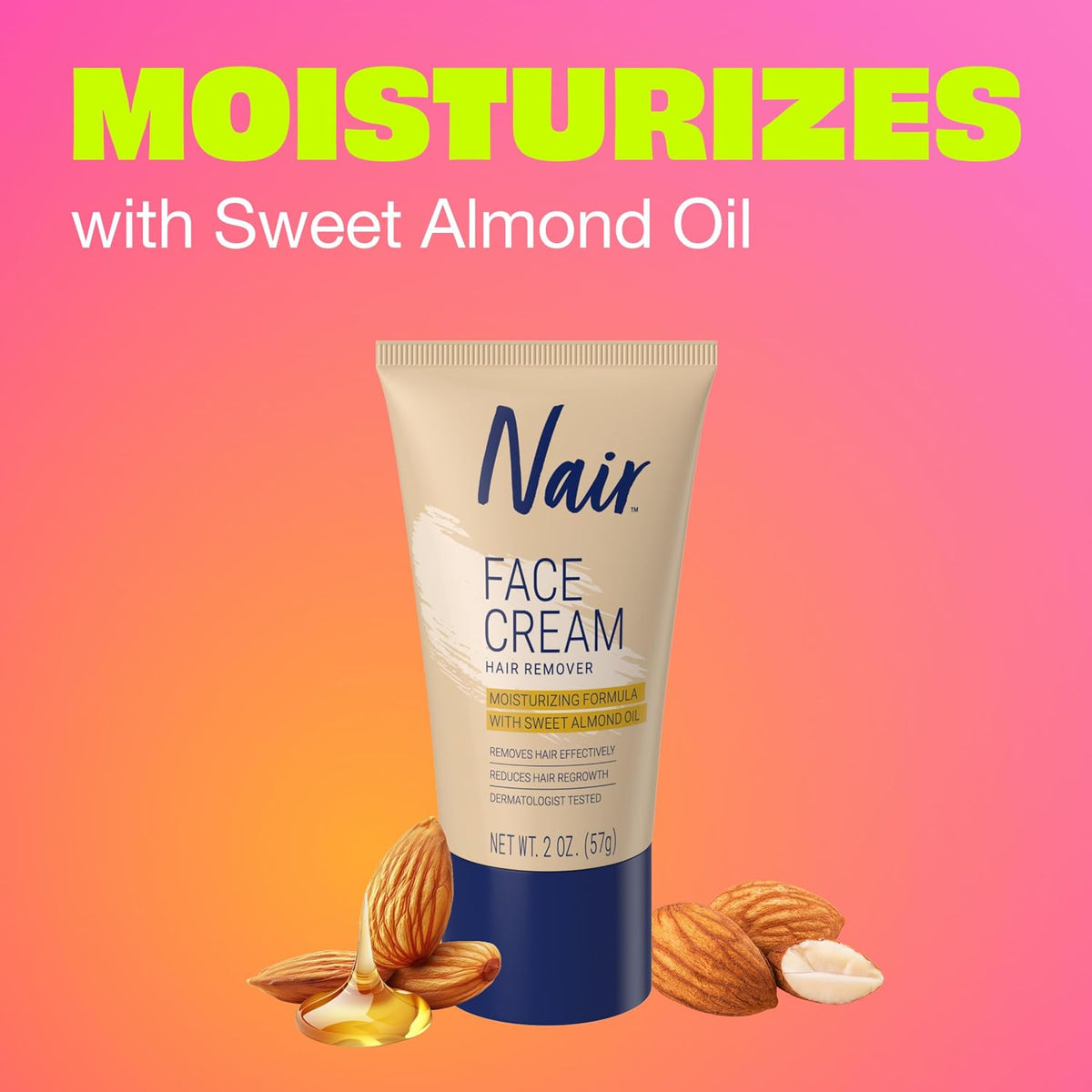 Moisturizing Facial Hair Removal Cream, Sweet Almond Oil, 2 Oz Bottle