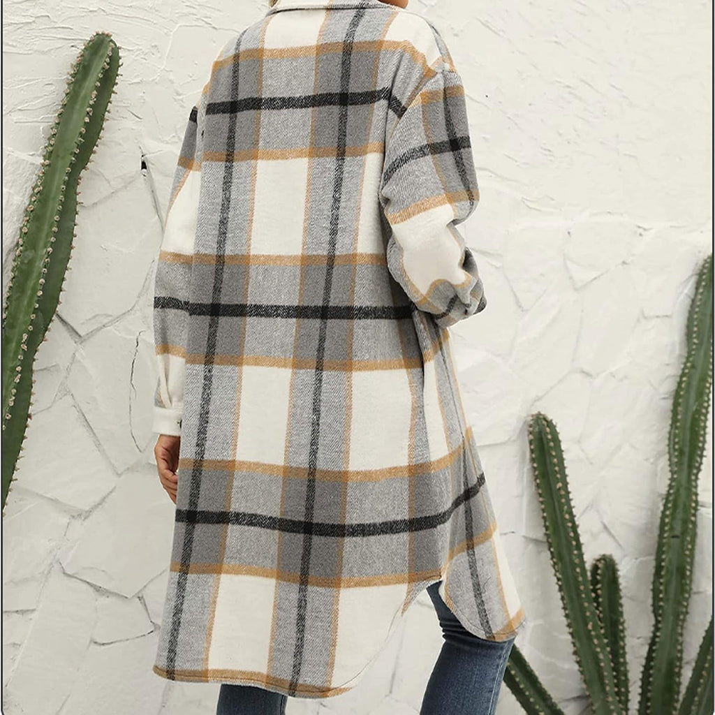 Women'S Casual Wool Blend Long Plaid Shirt Jacket Button down Pocketed Shirt Shacket
